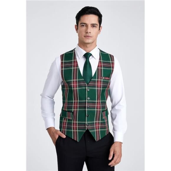 Men's Suit Vest Formal Slim Fit Green Red - Picture 1 of 6